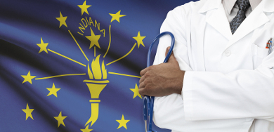 Indiana state flag with a doctor holding a stethoscope with arms crossed